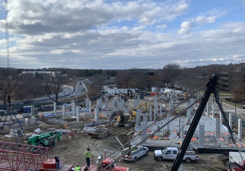 Aerial view of concrete pumping at Hanover jobsite